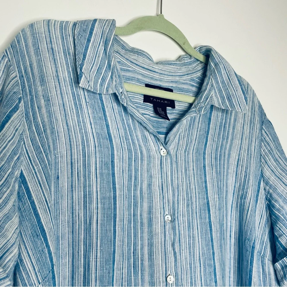 Tahari Plus 100% Linen Collar Shirt Dress Light Blue stripe button up 2X pockets - Picture 2 of 16